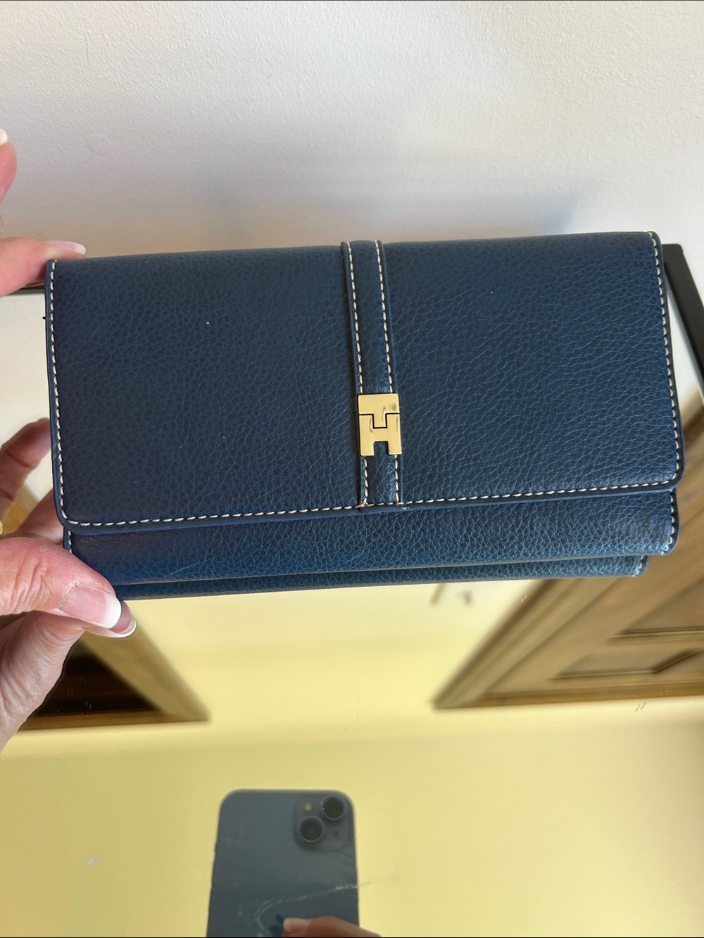 Tommy Hilfiger Navy Leather Wallet with Gold T-Clasp
